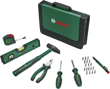 Bosch Home and Garden Universal Hand Tool Set 25-Piece (Versatile Tool Kit for General Purpose DIY Around The Home; Combination Pliers; Tape Measure; Spirit Level, 300g Hammer and More)