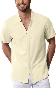 Mens Cotton Linen Henley Shirt Band Collar Button Down Shirt Summer Beach Tops