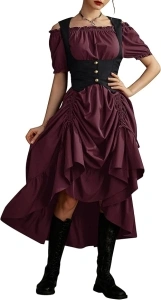 SCARLET DARKNESS Women Steampunk Medival Dress Off Shoulder Ruffle High Low Dress