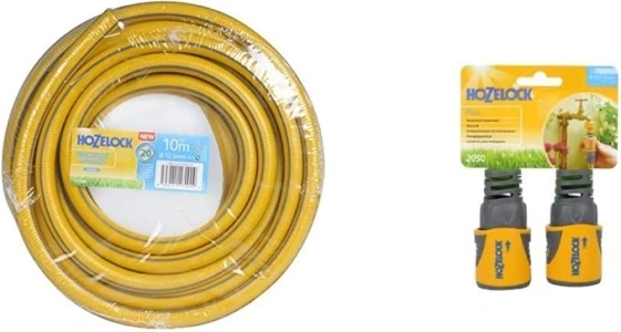 Hozelock Tricoflex Ultraflex Hose, Yellow, 12.5 mm x 10 m/2333781 & HOZ2050AV Hose End Connector Plus (12.5mm & 15mm) Twin Pack