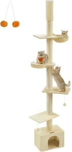 Feandrea Floor to Ceiling Cat Tree, 231-291 cm Height Adjustable Cat Tower, Tall Multi-Level Cat Condo for Indoor Cats, 11 cm Dia. Thick Scratching Posts, Cave, Hammock, Perch, Beige PCT210Y01