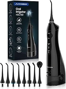 Hangsun Water Flossers for Teeth Cordless Oral Irrigator Dental Water Jet HOC760 Electric Tooth Flosser with 8 Jet Tips 300ML Water Tank USB Rechargeable for Tavel and Home Use Black