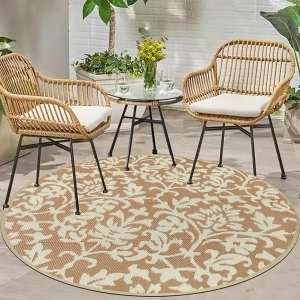 Capslpad Round Outdoor Rug ø150cm Outdoor Patio Rug Waterproof Plastic Straw Carpet Reversible Outdoor Floor Mat Portable Outside Area Rug for RV Camping Porch Trail Balcony Picnic Outdoor Decor,Beige