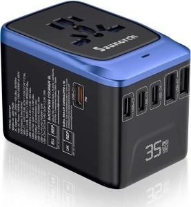 SAUNORCH Universal Travel Adapter, PD 35W 7 in 1 International Power Plug Adapter with 7.0A 4 USB-C and 2 USB-A Fast Wall Charger, Worldwide AC Outlet for US Europe UK AUS-Black+Blue