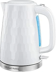 Russell Hobbs Honeycomb Electric 1.7L Cordless Kettle (Fast Boil 3KW, White premium plastic, matt & high gloss finish, Removable washable anti-scale filter, Push button lid, Perfect pour spout) 26050