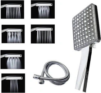 Shower Head - VBLL Handheld Shower Head with Hose Set 1.5m, Universal Showerhead and Hose wit 6 Adjustable Spray Modes, Large Square Shower Head for Bath, Water Pressure Increase, Chrome