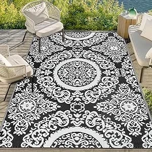 Capslpad Outdoor Rug 120x180cm Recycled Outdoor Patio Rug Waterproof Plastic Straw Rug Reversible Mat Floral Outside Area Rug for Picnic Porch Backyard Balcony Beach Tent Terrace Garden Decor,Black