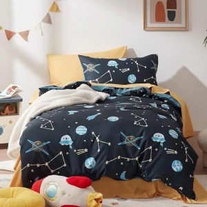 Sonive Single Size Duvet Cover Set for Kids 135x200cm+50x75cm Microfibre Bedding Set UFO Cosmic Radio Constellation Moon Meteor, Blue Galaxy, 1 Duvet Cover and 1 Pillow Sham