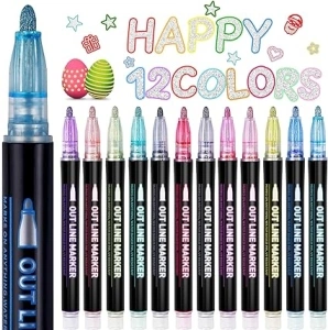 Lenski Gifts for Teenage Girls, 12 Colours Glitter Pens Outline Marker Pens, Gifts for 4-13 Year Old Girls Gifts for Girls, Stocking Fillers Kids, Double Line Metallic Outline Pens for Scrapbook