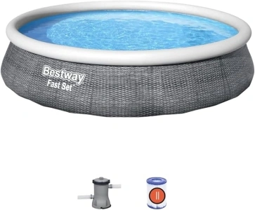 Bestway 13ft Rattan-Style Fast Set Pool: Easy Inflation, Space-Saving Design, Durable Material, Complete Set for Endless Summer Fun!