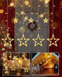 iShabao Christmas Star Curtain Lights, 138 LED Curtain Fairy Lights with 12 Stars, 8 Modes Christmas Window Lights for Xmas Tree, Party, Wedding, Garden, Bedroom, Christmas Decorations (Warm White)