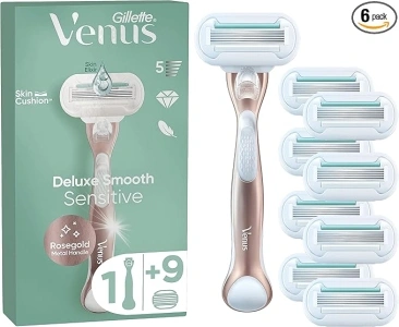 Gillette Venus Deluxe Smooth Sensitive Rose Gold Women's Razor + 9 Blade Refills, 5 Diamond‐Like Coated Blades