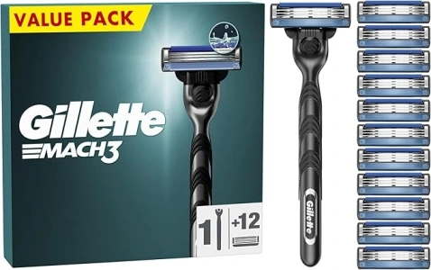 Gillette Mach3 Men's Razor + 12 Razor Blade Refills, 3 Blades for a Smooth Shave, Fits All Mach3 Handles