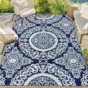 Capslpad Floral Outdoor Patio Rug 120x180cm Waterproof Plastic Straw Rug Reversible Floor Mats Portable Camping Rug Indoor Outdoor Area Rug for Porch Backyard Balcony Picnic BBQ Deck Beach Decor,Blue