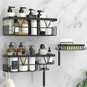 Kegii Shower Caddy, Bathroom Shelf Organiser No Drilling, Adhesive Shower Storage Rack with Soap Razor Holder, Bathroom Accessories, Black, 3 Pack