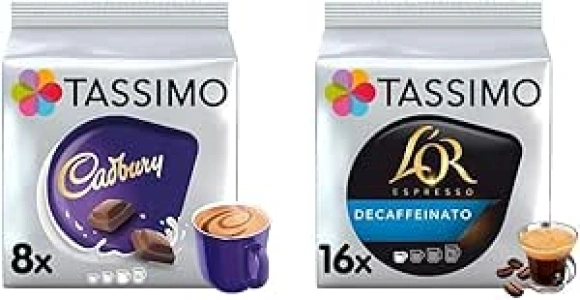 Tassimo Cadbury Hot Chocolate Pods x8 (Pack of 5, Total 40 Drinks) & L'OR Espresso Decaffeinato Coffee Pods x16 (Pack of 5, Total 80 Drinks)