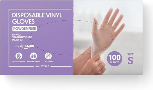 by Amazon - Disposable Vinyl Gloves, Size S, Pack of 100, (Previously Hevea Brand), Transparent