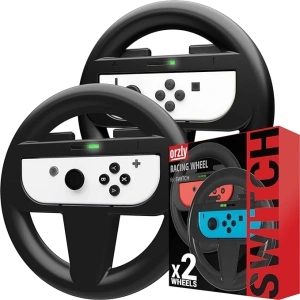 Orzly Steering Wheels for Nintendo Switch & OLED Joy-Cons, Racing Wheels for Mario Kart 8 Deluxe [Mariokart Switch Steering Wheel Joycon Controller Attachment Accessories]-TWIN PACK [2X Black Wheels]