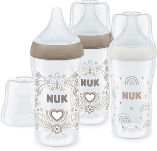 NUK Perfect Match Baby Bottles Set, 3+ Months, Adapts to Baby's Palate, Temperature Control, Anti Colic Vent, 260 ml, BPA-Free, Medium Silicone Teat, Rainbow & Heart, 3 Count