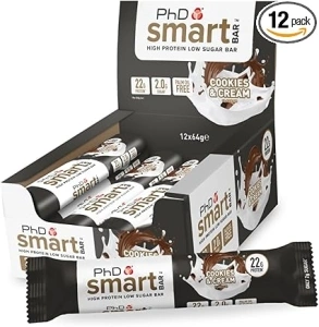 PhD Nutrition Smart Protein Bar Low Calorie, Nutritional Protein Bars/Protein Snacks, High Protein Low Sugar, Cookies and Cream Flavour, 20g of Protein, 64g Bar (12 Pack)