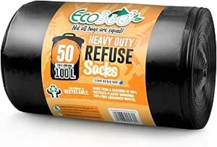 Eco Bag - 50 Heavy Duty Bin Liner Refuse Sacks - 100L Capacity - 30 Microns - Leak Resistant Seal, Sustainable Choice for Home and Office Waste Management (736mm x 990mm)