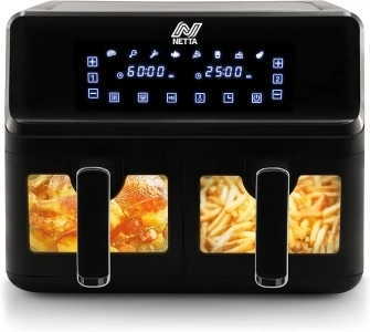 NETTA 8L Dual Basket Low Energy Air Fryer with Digital Smart Programmes - 2 Large Drawers, 8 Pre-Set Functions, 60 Minute Timer, XL Family Size Drawer - Black