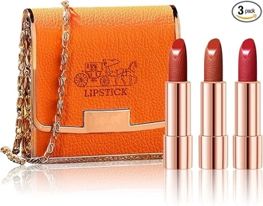 Matte Lipstick Set 3 Colors Lip Stick with Orange Chain Bag Package Velvet Lip stick Gift Box Set Waterproof Non-Stick Cup Long Lasting Retractable Red Lipstick Set 3.5gx3 Pcs