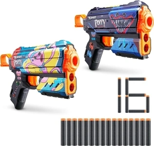 XSHOT Skins Flux Blaster - Poppy Playtime (2 Pack Jumpscare & Kissy with 16 Darts), Easy Reload, Air Pocket Dart Technology, Toy Foam Blaster for Kids, Teens and Adults (Jumpscare & Kissy)