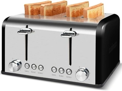 Toaster 4 Slices, Cusimax Stainless Steel Toaster with 4 Extra-Wide Bread Slots and 6 Variable Browning Shade Controls, Featuring with Defrost, Reheat and Cancel Settings, Removable Crumb Tray, Black