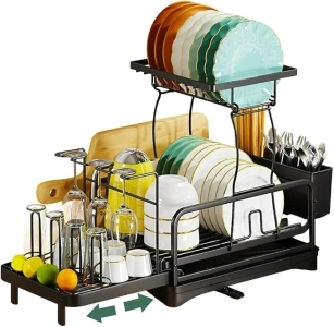 KZOBYD Telescopic Dish Drainer Rack, 2 Tier Dish Plate Rack Shelf with Extendable Drip Tray, Dish Drying Rack, Dish Rack Sink Drainer Rack for Kitchen Countertop Organizer, Black