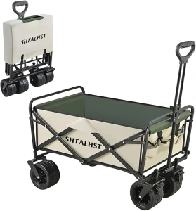 SHTALHST Festival Trolley on Wheels, 150L Folding Wagon Camping Cart with Adjustable Handle, Trolley Heavy Duty 175KG Capacity, Collapsible Trolley for Beach Shopping Outdoor Picnic Garden(Green)