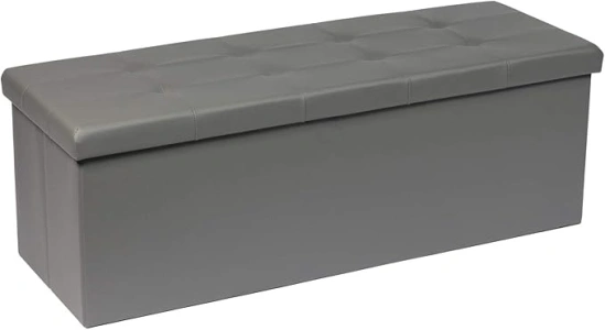 Bonlife Large Grey Faux Leather Ottoman Storage Bench,Toy Box Chest Foldable Seat Foot Stool,Bed End Bench Bedroom Furniture Hold Up to 300 kg 110x38x38cm