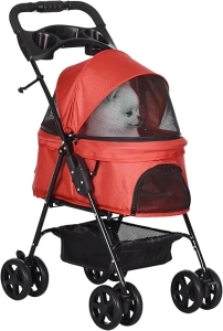 PawHut Dog Pram Dog Stroller Foldable Pet Pushchair with 4 Wheels, Safety Leashes, Cup Holder for Small Dogs, Red