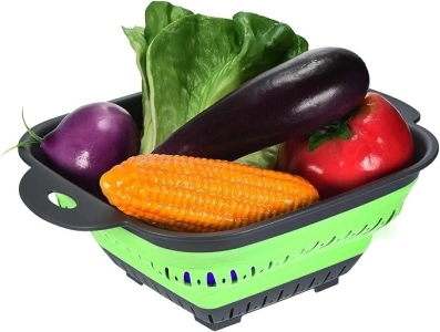 Collapsible Silicone Colander Over The Sink Vegetables/Fruit Colander Drain Strainer with Handles Collapsible Basket Spaghetti, Rice, Wash Fruits, Vegetables (Grey & Green - Square - 27.5*22*3.6cm)