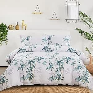 Djoymock Green Plants Duvet Cover Set Double Size, 3 Pcs Bamboo Leaves Bedding Set Microfiber Reversible Soft and Skin-Friendly Duvet Cover Set(1 Duvet Cover 200x200cm,2 Pillowcases 48x75cm)