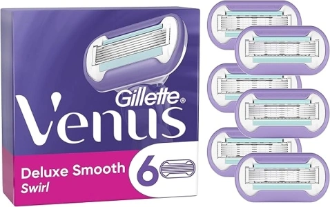 Gillette Venus Deluxe Smooth Swirl Razor Blades Women, Pack of 6 Razor Blade Refills, Lubrastrip with A Touch of Vitamin E, SkinCushion Helps Protect From Shave Irritation