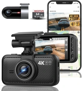 Dash Cam Front Rear, 4K Front + 4K Rear Full HD Dash Camera for Cars Built-in Wi-Fi Bluetooth GPS with 64GB SD Card, 3.0” IPS Screen with App Control, G-Sensor, HDR, Night Vision, 24H Parking Mode