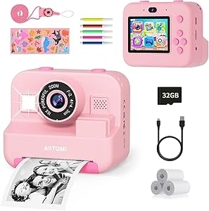 ASTGMI Kids Camera,Kids Instant Print Selfie Camera for Girls,1080P HD Digital Camera for Kids with Print Paper & 32GB Card, Christmas Birthday Gifts Kids Toys for 3-12 Years Old (Pink)