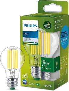 PHILIPS Ultra Efficient - Ultra Energy Saving Lights, LED Light Source, 75W, A60, E27, Cool White 4000 Kelvin, Clear