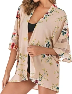 Women's Chiffon Kimono Cardigans Beach Cover Up, 3/4 Sleeve Bikini Shawl Open Front Floral Boho Beachwear Casual Loose Lightweight Swimwear Swimsuit Body Wraps Suit