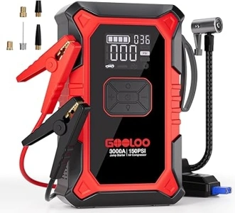 GOOLOO A3 Jump Starter with Air Compressor, 3000A Portable Car Battery Booster (9.0 Gas/6.5L Diesel) with 150PSI Auto-Shutoff Tire Inflator, 12V Lithium Jump Box Car Battery Jumper Starter