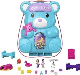 Polly Pocket Teddy Bear Purse Compact, Sleepover Theme with 2 Micro Dolls & 16 Accessories, Pop & Swap Peg Feature, Great Gift for Ages 4 Years Old & Up, HGC39