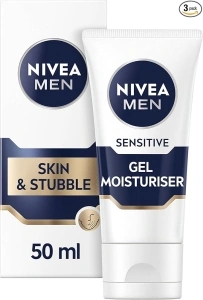 NIVEA MEN Sensitive Skin & Stubble Gel Moisturiser (50ml), Men's Face Cream for Daily Use, Gel Moisturiser with Vitamin E, Provitamin B5 and Chamomile Extract