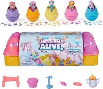 HATCHIMALS Alive, Pink & Yellow Egg Carton Toy with 6 Mini Figures in Self-Hatching Eggs, 11 Accessories, Kids’ Toys for Girls and Boys Aged 3 and up