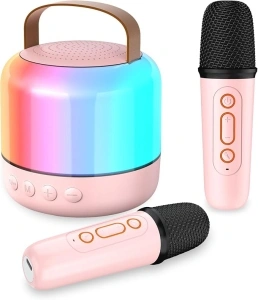 Karaoke Machine for Kids with 2 Microphones, Girls Toys Portable Kids Karaoke Machines for Girls with LED Party Lights,Bluetooth Speaker Birthday Gifts for Kid,14-18 Years Old(Pink 2 Mic)