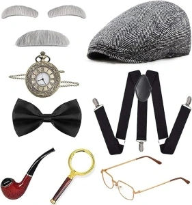 mefound 1920s Men Costume Accessories Set Gatsby Gangster Roaring Retro 20s Costume Kit,Hat,Bow Tie,Pocket Watch,Suspender,Glasses,Beard,Armband Garters,Tie Clips