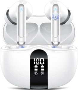 Wireless Earbuds, Bluetooth 5.3 Headphones in Ear with 4 ENC Noise Cancelling Mics, 40H Bluetooth Earbuds Deep Bass HiFi Stereo, Mini Ear Buds with Dual LED Display, Bluetooth Earphones IP7 Waterproof