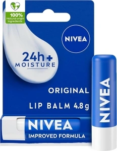 NIVEA Lip Balm Original Care (4.8g) Lip Balm Deeply Hydrates Lips for 24h+, with 100% Natural Origin Ingredients, Shea Butter, and Vitamins, Lip Care