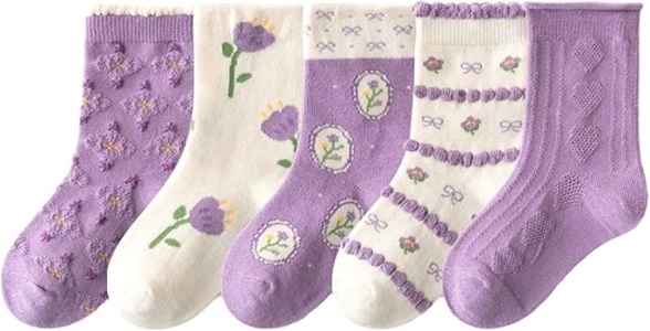 5 Pairs Baby Girl Socks Cotton Crew Socks Kids Cute Socks Flower Heart Pattern Socks Breathable Multipack Socks for Kids 1-8 Years