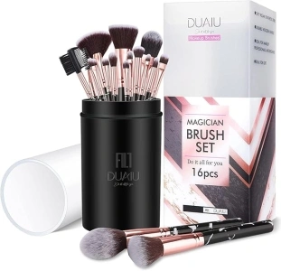 Makeup Brushes Set DUAIU 16PCS Vegan Synthetic Make up Brushes Foundation Eyeshadow Concealer Eyebrow Black Marble Brush Set With Makeup Brush Holder and Gift Box